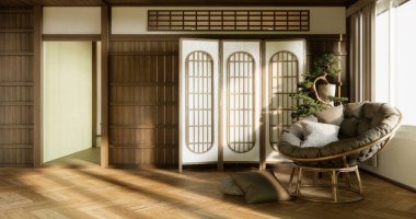 Kanepe ve dekorasyon Japon modern oda iç mimarisi wabisabi tarzı..