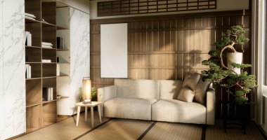 Kanepe ve dekorasyon Japon modern oda iç mimarisi wabisabi tarzı..