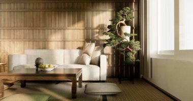 Japon usulü ahşap oda paspaslı yastık ve masa..