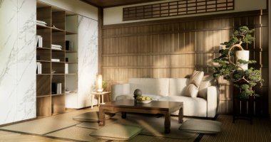 Japon usulü ahşap oda paspaslı yastık ve masa..