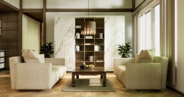 Kanepe ve dekorasyon Japon modern oda iç mimarisi wabisabi tarzı..