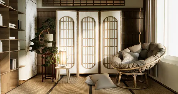 Kanapé Fotel Minimalista Design Japán Stílus Renderelés — Stock Fotó