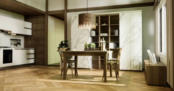 Esszimmer Japanischer Stil Mit Langem Tisch Und Holzstühlen Zimmer Japandi — Stockfoto