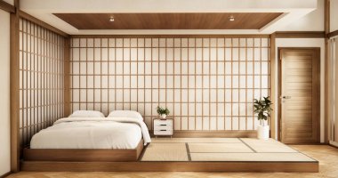 İç mimari lüks modern Japon tarzı yatak odası. En güzelini tasarlıyor..