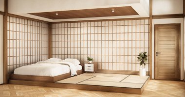 İç mimari lüks modern Japon tarzı yatak odası. En güzelini tasarlıyor..