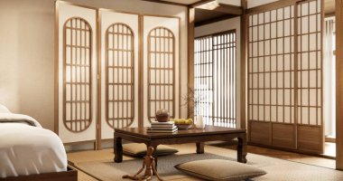 İç mimari lüks modern Japon tarzı yatak odası. En güzelini tasarlıyor..