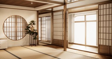 İç mekan, boş oda ve tatami paspas odası Japon tarzı. 3B görüntüleme