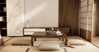 TV Japonya - Düşük masadaki akıllı televizyon Japon tarzı lambalı oda.