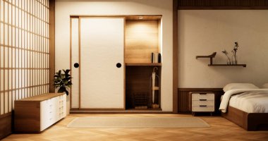 İç mimari lüks modern Japon tarzı yatak odası. En güzelini tasarlıyor..