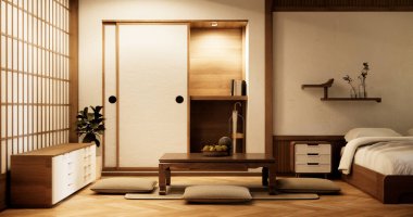 Japon usulü ahşap oda paspaslı yastık ve masa..