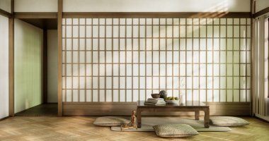 Japon usulü ahşap oda paspaslı yastık ve masa..