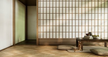 Japon usulü ahşap oda paspaslı yastık ve masa..