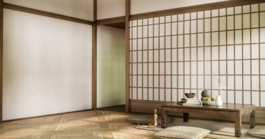 Japon usulü ahşap oda paspaslı yastık ve masa..