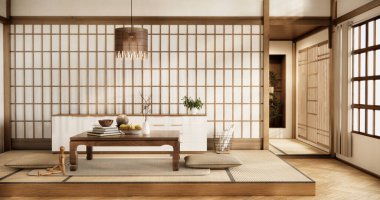 Japon usulü ahşap oda paspaslı yastık ve masa..