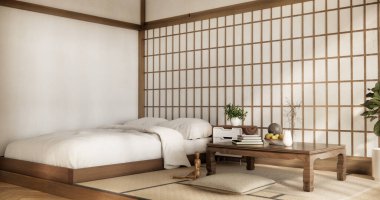 İç mimari lüks modern Japon tarzı yatak odası. En güzelini tasarlıyor..