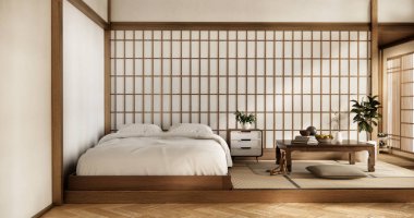 İç mimari lüks modern Japon tarzı yatak odası. En güzelini tasarlıyor..
