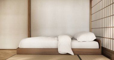 İç mimari lüks modern Japon tarzı yatak odası. En güzelini tasarlıyor..
