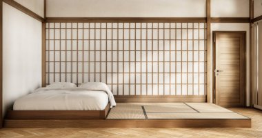 İç mimari lüks modern Japon tarzı yatak odası. En güzelini tasarlıyor..