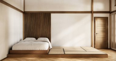 İç mimari lüks modern Japon tarzı yatak odası. En güzelini tasarlıyor..