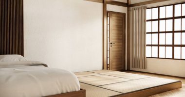 İç mimari lüks modern Japon tarzı yatak odası. En güzelini tasarlıyor..