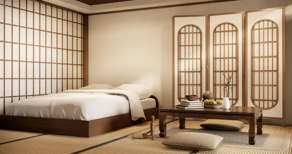 Mimari Lüks Modern Japon Tarzı Yatak Odası Güzelini Tasarlıyor — Stok fotoğraf