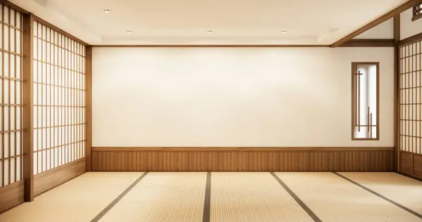 stock image Interior, Empty room and tatami mat floor room japanese style. 3D rendering