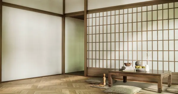 Низкий Стол Подушка Татами Мат Деревянной Комнате Японский Стиль — стоковое фото