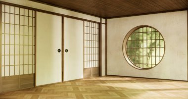 Boş oda minimalist iç mekanında çember pencere japon stili