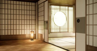 Boş oda minimalist iç mekanında çember pencere japon stili