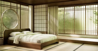 İç mimari lüks modern Japon tarzı yatak odası. En güzelini tasarlıyor..