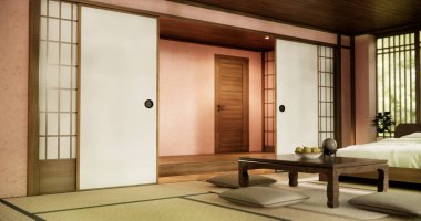 İç mimari lüks modern Japon tarzı yatak odası. En güzelini tasarlıyor..