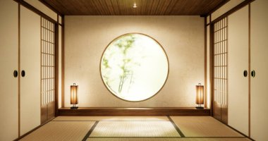 Boş oda minimalist iç mekanında çember pencere japon stili