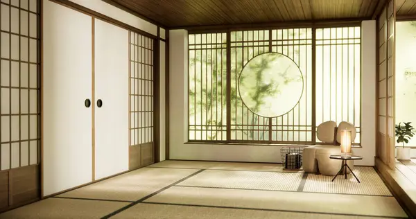 Holz Sessel Und Trennwand Japanisch Auf Zimmer Tropischen Interieur — Stockfoto