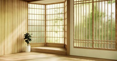 Boş oda minimalist iç mekanında çember pencere japon stili.