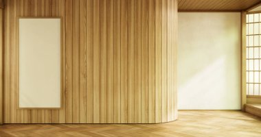 Boş oda minimalist iç mekanında çember pencere japon stili.
