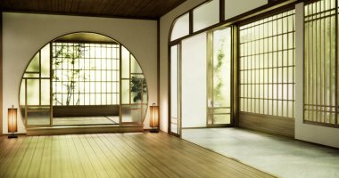 Boş oda minimalist iç mekanında çember pencere japon stili.