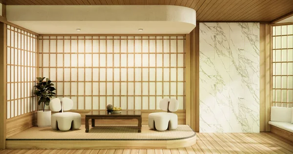 Wooden Arm chair and partition japanese on room tropical interior.3d rendering