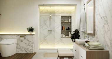 Modern zen tuvaletindeki tuvalet ve decoartion japan tarzı..