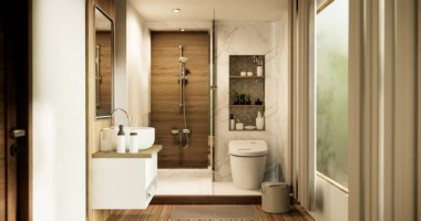 Modern Japonya tarzı banyoda el yıkama lavabosu..