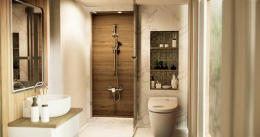 Modern Japonya tarzı banyoda el yıkama lavabosu..