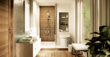 Modern Japonya tarzı banyoda el yıkama lavabosu..