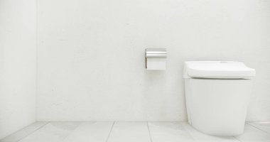 Modern zen tuvaletindeki beyaz tuvalet ve dekoarsyon Japon tarzı.