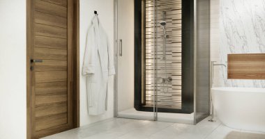 Japonya banyosunda ahşap ve siyah granit duvar. Modern Onsen tarzı.