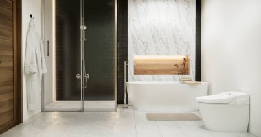 Japonya banyosunda ahşap ve siyah granit duvar. Modern Onsen tarzı.