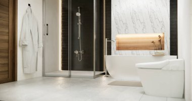 Japonya banyosunda ahşap ve siyah granit duvar. Modern Onsen tarzı.