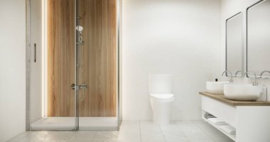 Beyaz banyoda duş modern stil.