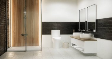 Japonya banyosunda ahşap ve siyah granit duvar. Modern Onsen tarzı.