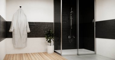 Japonya banyosunda ahşap ve siyah granit duvar. Modern Onsen tarzı.