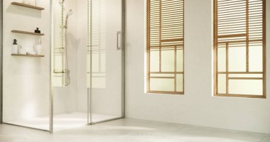 Beyaz banyoda duş modern stil.