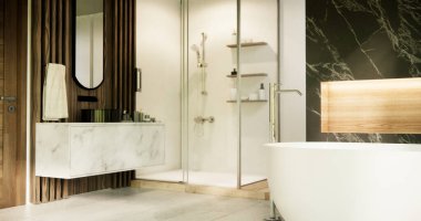 Japonya banyosunda ahşap ve siyah granit duvar. Modern Onsen tarzı.